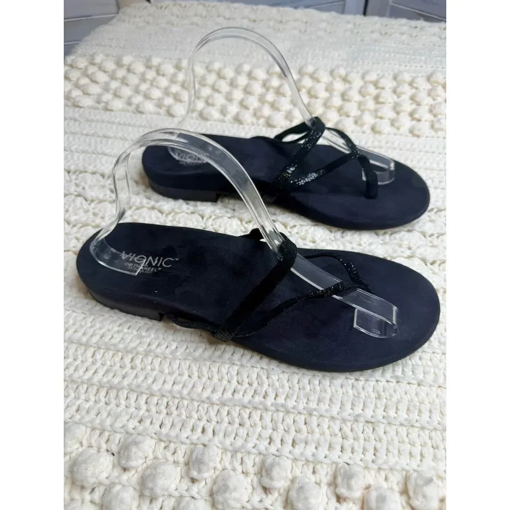VIONIC ORTHAHEEL Women's 10 Minimal Flip Flop Strappy Sandal Shoes Black Suede